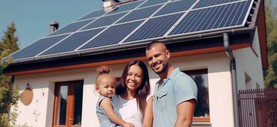 TRÊS MEMBROS DA FAMÍLIA E AO FUNDO UM SISTEMA DE ENERGIA SOLAR NO TELHADO DE UMA RESIDÊNCIA