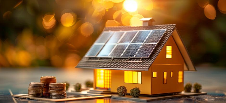 MAQUETE DE UMA CASA COM PAINÉIS SOLARES NO TELHADO, REPRESENTANDO ENERGIA SOLAR