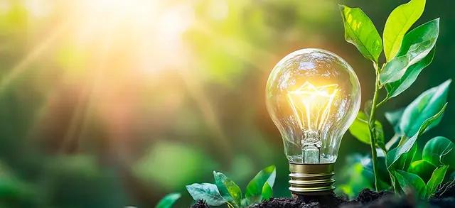 LÂMPADA INCANDESCENTE ACESA, POSICIONADA SOBRE O SOLO ENTRE PLANTAS VERDES, COM RAIOS DE SOL AO FUNDO